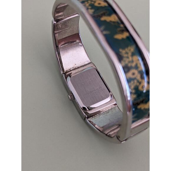 Vintage Domani Silver Tone Bangle Watch Yellow Florals on Green - Picture 6 of 10